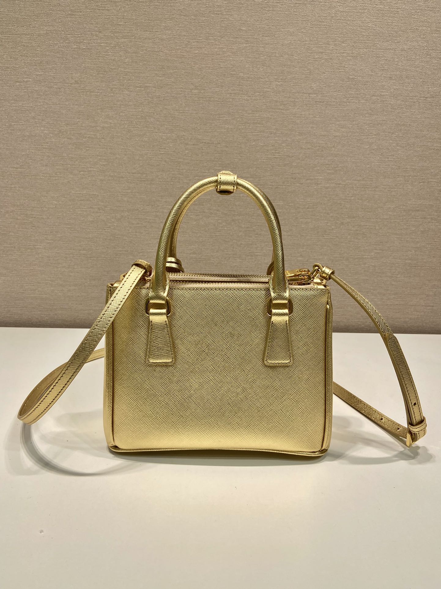 Prada Mini Galleria Saffiano Leather Bag Tote Shoulder Bag Gold 1BA906